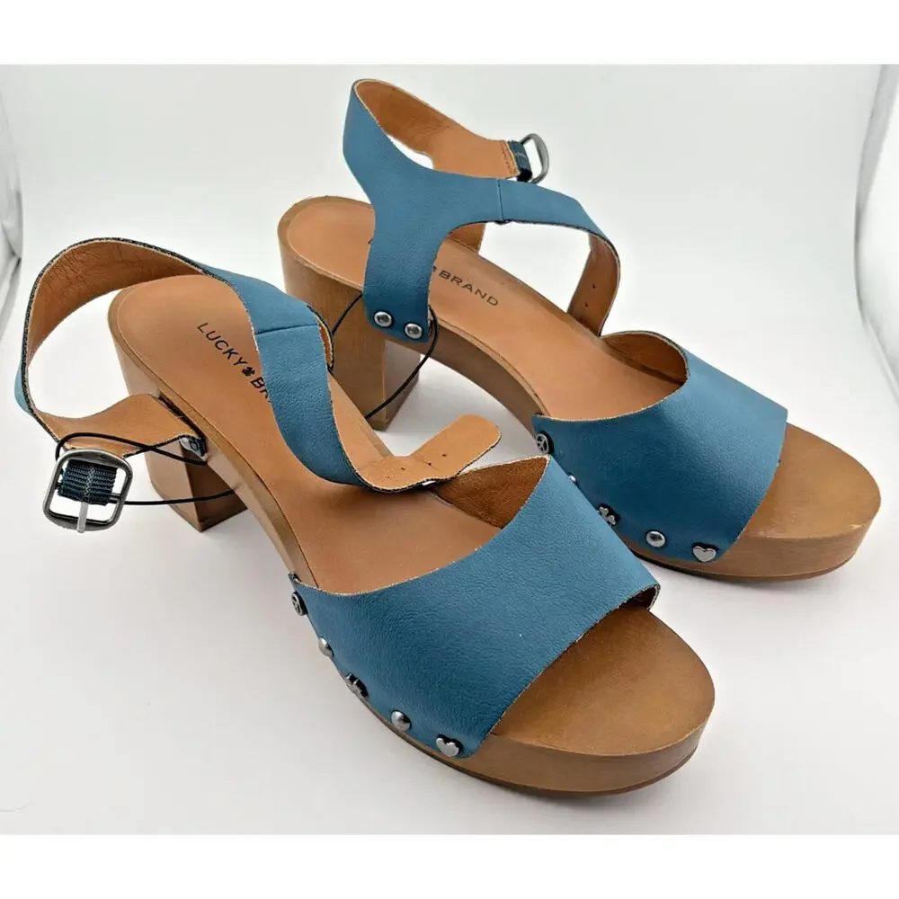 Lucky Brand Teal‎ Turquoise Sandals with Wooden Heel Ankle Strap Size 7